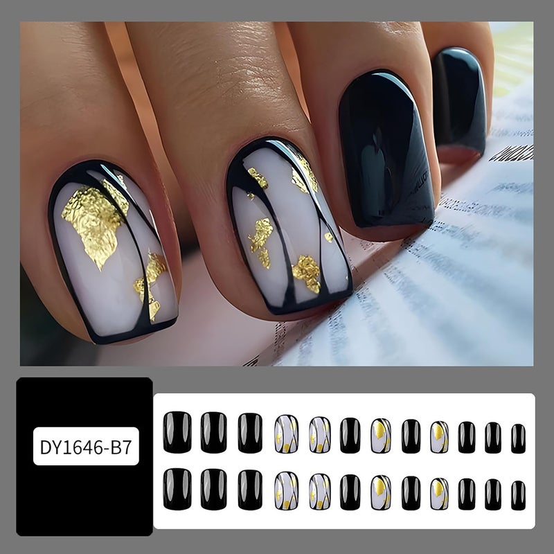 CJDLTS Black Press on Nails Short Square Gold Foil Design Full Cover Artificial Acrylic Coffin Reusable Glue on DIY Stick on for Women 24Pcs - Image 3